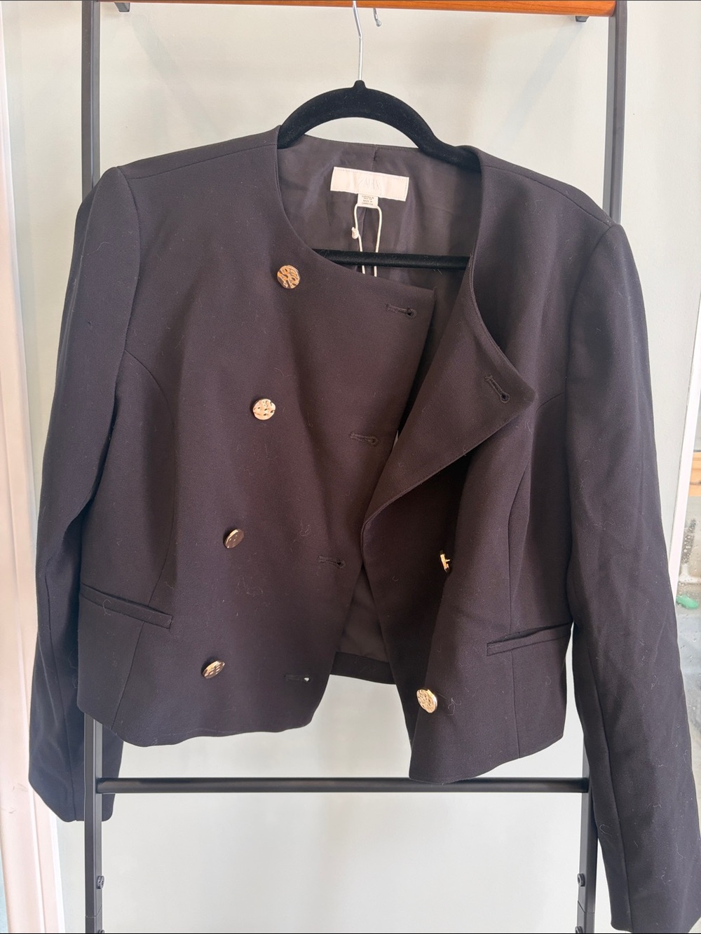 Zara Black Double-Breasted Blazer with Gold Buttons
